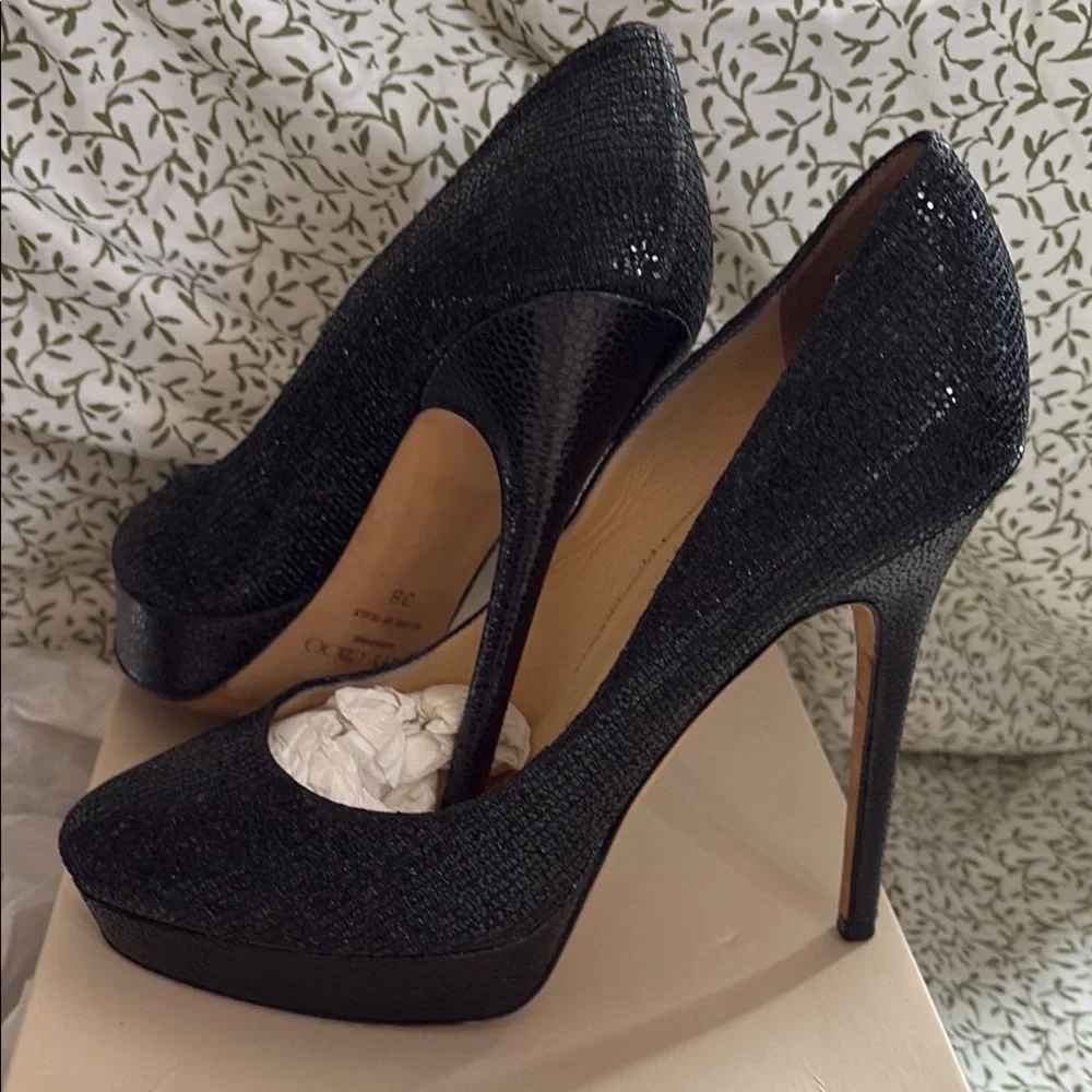 Jimmy Choo Black Glitter Platform Heels - Picture 5 of 8